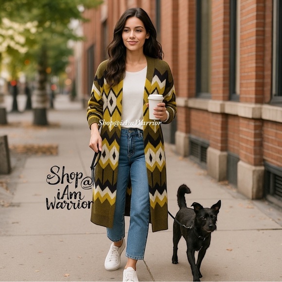 Scoop olive/chartreuse chevron long sweater duster cardigan *shop@iamwarrior - Picture 1 of 11